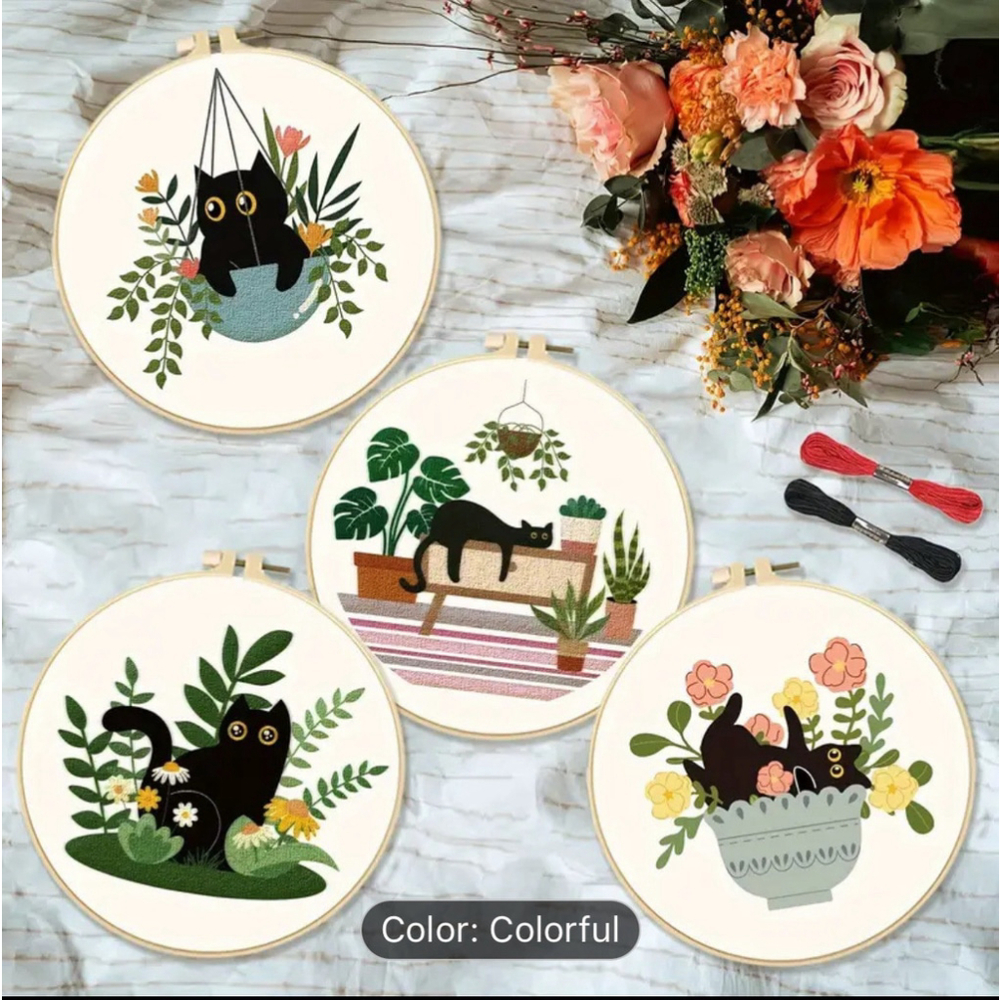 Green Plants, Cats, Embroidery, Needlepoint, Stitch Kit Set Of Four Designs